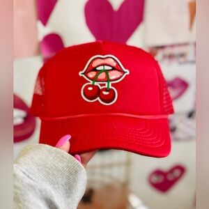 Cherry Kiss Trucker Hat – Red Snapback with Cherries & Lips Graphic